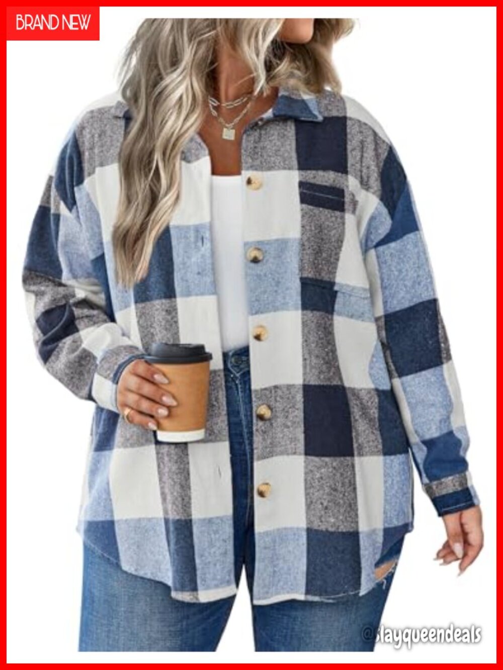 Plus Size Plaid Shacket Long Sleeve Button Front Casual Oversized Jacket